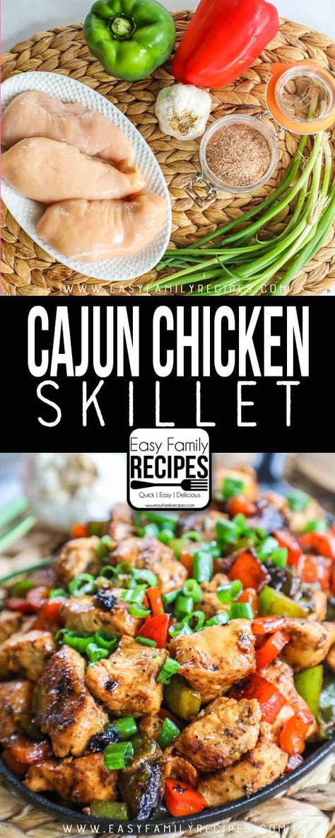 FAMILY FAVORITE! This Cajun Chicken Skillet takes only 6 ingredients and 1 skillet to make! Perfect to have on the table on a busy weeknight in as little as 20 minutes and PACKED with flavor! You can even serve this as a hearty appetizer with toothpicks. Bonus: this recipe is gluten free, dairy free, whole30 compliant, paleo and keto friendly! Cajun Chicken Recipes Healthy, Cajun Chicken Skillet, Chicken And Green Onion Recipes, Green Onion Chicken Recipes, Green Pepper And Chicken Recipes, Cajun Chicken And Peppers, Gluten Free Chicken Recipes Skillet, Chicken Onion Bell Pepper Recipe, Chicken Green Onions Recipes