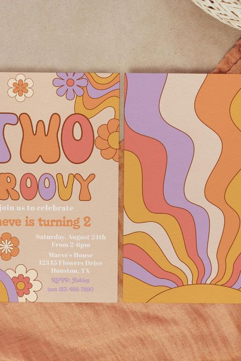 Two Groovy Invitation | Groovy Birthday Invitation 2 Groovy Birthday Invitations, Two Groovy Invitation, Groovy Birthday Invitation, 2 Groovy, Two Groovy, Groovy Birthday, Retro Birthday, Orange Design, Tiny Humans