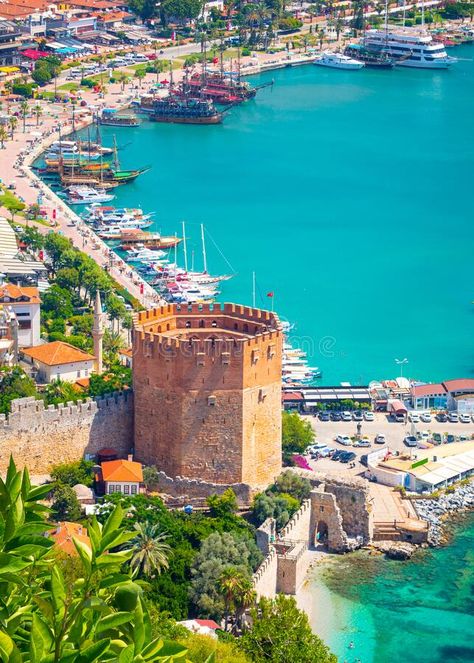 Panoramic view of the harbor of Alanya on a beautiful summer day. Alanya, Turkey royalty free stock images Turkey Vacation, Alanya Turkey, Turkey Stock, Panoramic View, Beautiful Summer, Summer Day, Antalya, Summer Days, Stock Images Free