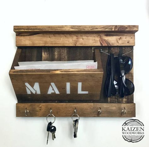 Rustic Entryway Organizer, handmade to order, mail keys and sunglasses holder Entryway Key Holder, Grey Stained Wood, Wood Entryway, Diy Gym, Entryway Organizer, Rustic Entryway, Mail Holder, Sunglasses Holder, Wood Stain Colors