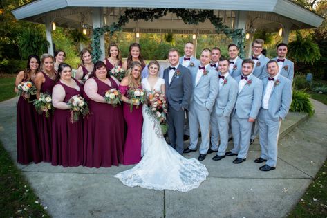 Fall wedding, burgundy and grey, whimsical wedding, faerie wedding, grey groomsmen, light grey suits, grey groom Wedding Faerie, Wedding Colora, Fall Wedding Burgundy, Burgundy And Grey Wedding, Grey Groomsmen, Faerie Wedding, Wedding Grey, Fall Wedding Arches, Gray Suits