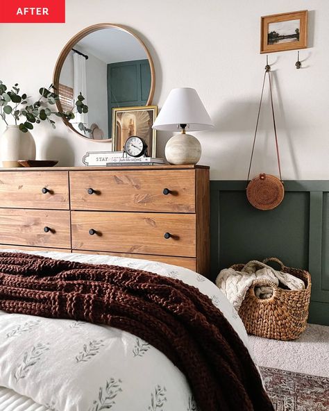 Dressers Next To Bed, Attic Guest Room, Bed In Bedroom, Bedroom Dresser Styling, Green And White Bedroom, Gray Upholstered Headboard, Dresser Styling, Dresser Decor Bedroom, Small Guest Bedroom