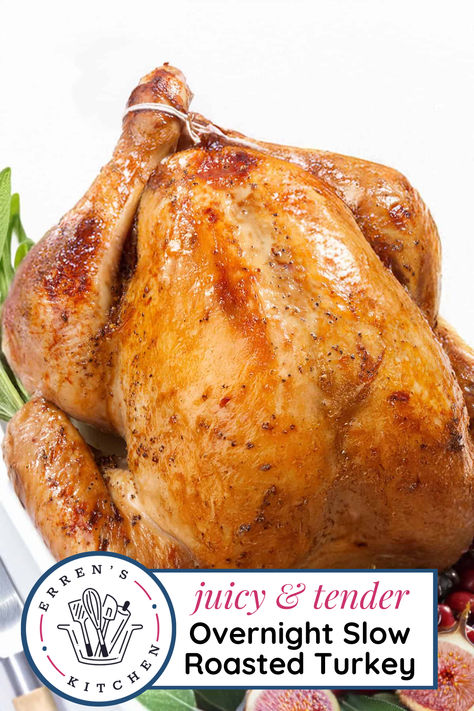 Get the best, tender, flavorful turkey with this overnight slow-roasted turkey recipe! Perfect for beginners, it’s brined, buttery, and ready by morning for an easy, juicy meal.

It’s perfect for holiday gatherings including Thanksgiving or any special meal, with a crispy, buttery skin and moist, flavorful interior.
Stop at errenskitchen.com for easy, delicious, and even quick recipes for breakfast, lunch, dinner, and desserts! Overnight Turkey Recipe, Cooking Thanksgiving Turkey, Slow Roasted Turkey, Turkey Easy, Roast Turkey Recipes, Whole Turkey, Slow Roast, Turkey Recipe, Cooking Temperatures