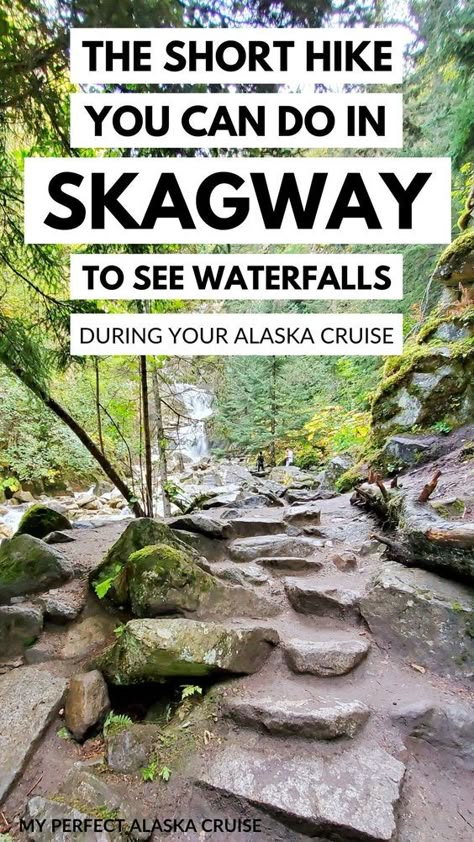 alaska cruise port tips. cheap things to do in an alaska cruise port! you can go to waterfalls on your own in skagway cruise port from the cruise ship! it's a nice short hike through the forest to the waterfalls! afterwards you can go to downtown skagway. alaska cruise tips. see the blog for more including more skagway hiking trails! alaska waterfalls. US travel destination. skagway hikes. skagway alaska things to do. Skagway Alaska Cruise Port, Skagway Alaska Things To Do, Pacific Northwest Summer, Alaska Hiking, Alaska Cruise Excursions, Alaska Travel Cruise, September Travel, Alaska Cruise Ports, Alaska Travel Guide