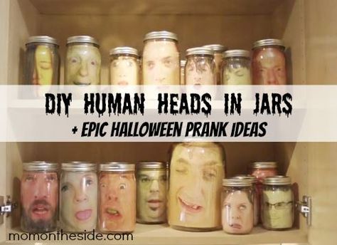 DIY Human Heads in Jars + Epic Halloween Prank Ideas that will turn your Halloween into spooky fun by using your technology! Faces In Jars For Halloween, Face In Jar Halloween, Halloween Head In A Jar Diy, Mask In Jar Halloween, Halloween Workshop Ideas, Halloween Doctors Office, Diy Body Parts Halloween, Diy Halloween Body Parts, Head In Jar Halloween