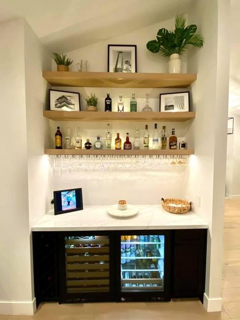 Bar Backsplash Ideas Open Shelving, Bar Area Next To Fireplace, Open Shelving Bar Kitchen, Built In Dry Bar Nook, Alcove Bar Ideas Built Ins, Alcove Coffee Bar, Home Bar With Shelves, Built In Bar Nook Wall Shelves, Floating Shelves Bar Ideas