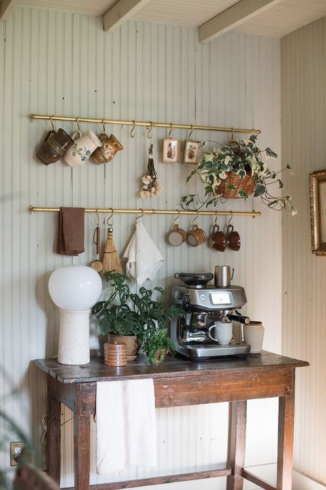 Display Mugs Using Hooks Hygge Coffee Bar, Cosy Coffee Corner, Mug Hooks On Wall, Display Mugs In Kitchen, Coffee Mug Wall Display, Hanging Mugs Under Cabinet, Antique Coffee Bar Ideas, Retro Kitchen Decor Ideas, Living Room Coffee Bar