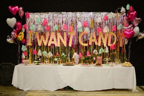 i want candy. cardboard letters with lights. Prom Candy Bar, 90s Candy Bar Party Ideas, Back To The 90s Party Decor, Fringe Streamers, Tinsel Backdrop, Prom Party Ideas, 80s Prom Party, 80's Prom, Bar Background