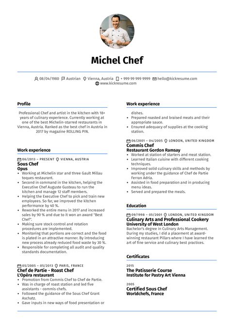 Increase your chances of scoring a job and learn to perfect your next resume with this highly instructive Sous Chef resume example. Basic Cv Template, Chef Resume, Functional Resume Template, Perfect Cv, Chef Jobs, Job Resume Samples, Resume References, Resume Professional, Birth Certificate Template