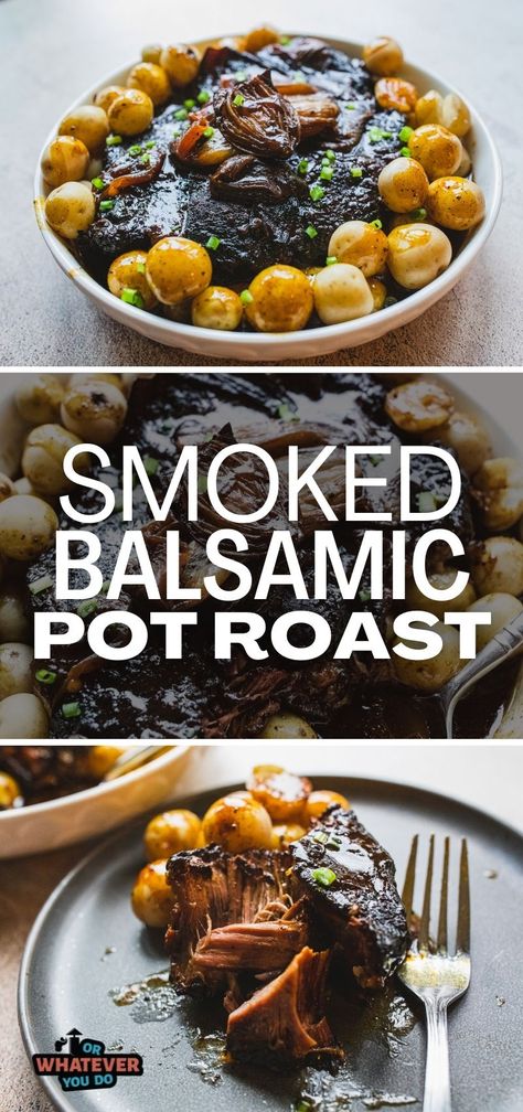 Traeger Smoked Balsamic Pot Roast Smoked Pot Roast Traeger, Smoked Pot Roast, Traeger Ideas, Smoked Baked Potatoes, Balsamic Pot Roast, Supper Meals, Traeger Smoker, Chuck Roast Recipes, Big Green Egg Recipes