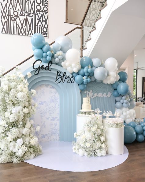 Thomas’s Baptism 🕊️⛪️ Backdrop + Balloons + Florals @janettloveshop Event Planner @busybeesevents #baptism #baptismballoons #baptismbackdrop #baptismflowers #baptismcake #baptismdecor #baptismdecoration #baptismparty #baptismideas #baptismday⛪️ #baptismballoongarland #elegantbaptism First Birthday And Baptism Ideas For Boy, Baptismal Backdrop, Baptism Decorations Backdrops, Baptismal Decorations Boy Backdrops, Baby Boy Baptism Decorations, Baby Boy Backdrop, Boy Baptism Decorations, Bautizo Backdrop, Baptism Party Decor