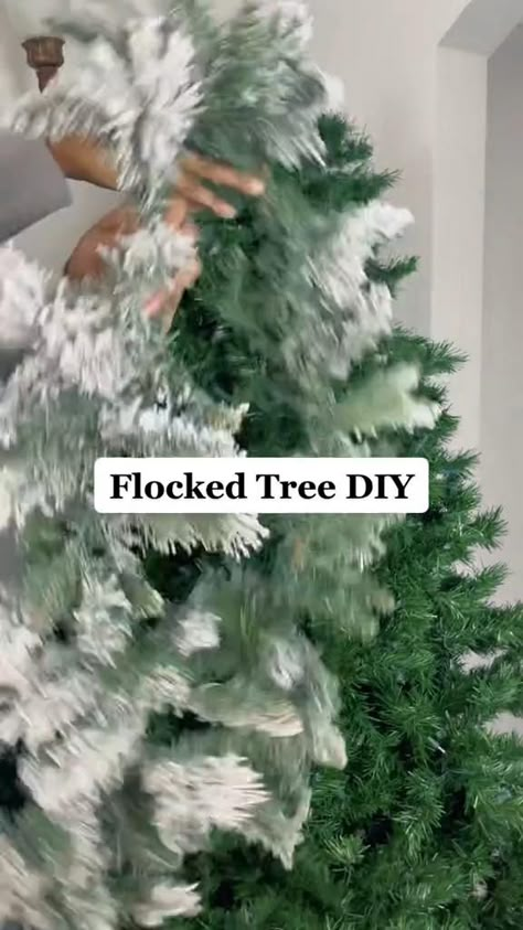 Non Flocked Christmas Tree Ideas, Flock Christmas Tree Diy, Group Of Christmas Trees, Green Christmas Tree White Decorations, Flock Tree Decoration Ideas, Christmas Tree Skirt Alternative Diy, Tree Filler Ideas Christmas, Christmas Tree Decorating Hacks, Flocking A Christmas Tree Diy