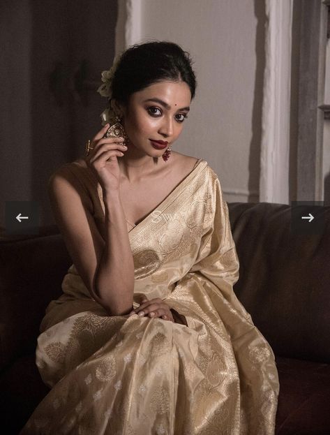 Engagement Look, Banarsi Saree, Traditional Indian Outfits, Beige Colour, Satin Saree, Katan Silk, Banarasi Saree, Stylish Sarees, Women Photography Poses