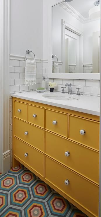 Orange And White Bathroom, Blue Yellow Bathroom, Orange Hex, Hex Tiles, Nickel Faucet, Subway Backsplash, Yellow Bath, Yellow Bathroom Decor, Hexagon Floor