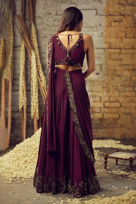 Buy Nehha Nhata Purple Crepe Pre-draped Sharara Saree With Embroidered Blouse Online | Aza Fashions Sharara Saree, Lehenga Saree Design, Simple Lehenga, Lehenga Designs Simple, Fancy Sarees Party Wear, Saree Gown, Traditional Outfit, Bun Tutorial, Half Saree Designs