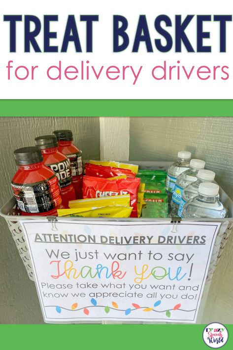 Treat Basket for Delivery Drivers – Free Download! Goodie Basket For Delivery People, Delivery Driver Snack Basket Ideas, Basket For Delivery Drivers, Christmas Thank You Gifts, Thank You Baskets, Treat Basket, Mail Gifts, Delivery Driver, Christmas Thank You