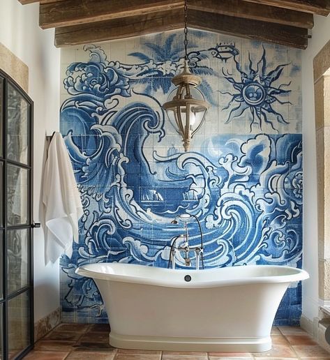 Sea Inspired Bathroom, Sea Inspired, Wall Treatments, Bathroom Inspiration, E Design, Bathrooms, Tile, Dream House, Blue And White