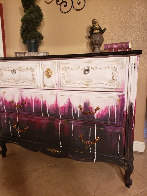 Upcycled dresser to a sophisticated classy and edgy dresser or buffet Gothic Painted Furniture Ideas, Goth Diy Furniture, Diy Goth Furniture Makeover, Gothic Furniture Diy Paint, Whimsigoth Furniture Diy, Gothic Upcycle Furniture, Drippy Furniture, Gothic Furniture Diy Ideas, Gothic Painted Furniture