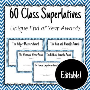 60 Editable Class Superlatives Use this as an end of year award for your students! The students love leaving with a memory of what impression they made on you! Class Superlatives, End Of Year Awards, Motivational Activities, Behavior Plans, Adjective Worksheet, Teaching Resources Primary, Math Challenge, Writing Classes, Teaching High School