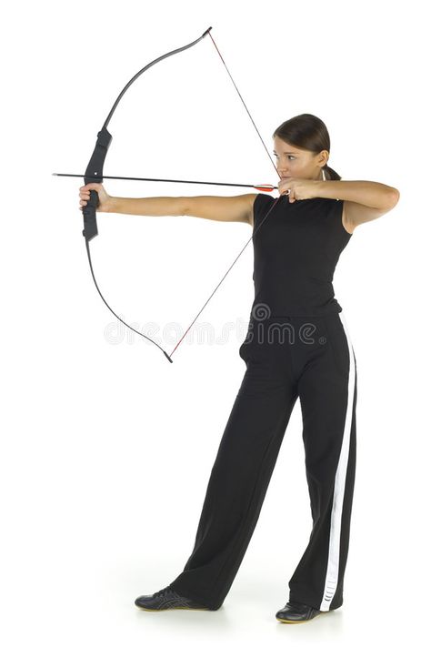 Lady archer. Young, beauty holding bow and taking aim at something. Isolated on , #Sponsored, #beauty, #holding, #bow, #Lady, #archer #ad Body Side View, Archer Pose, Archery Targets, Human Anatomy Reference, Bow Drawing, Bow Pose, Archery Target, Figure Reference, Bow Hunting