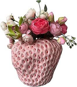 Ceramic Strawberry Pot, Funky Flower Arrangements, Coquette Ceramic, Quirky Vase, Room Decor Danish Pastel, Strawberry Table, Pink Flower Centerpieces, Strawberry Kitchen Decor, Strawberry Vase