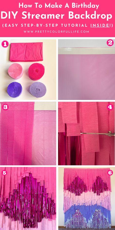 Tissue Letters Diy, Streamers In Trees, Homemade Birthday Backdrop, Diy Pink Photo Backdrop, Streamers Party Decorations, Custom Fringe Backdrop, Butcher Paper Party Decor, Balloon With Fringe, Fun Backdrops For Photos