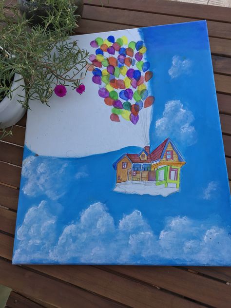 Acrylic painting of the disney movie “Up” loving it Up Acrylic Painting Disney, Up Painting Disney, Up Movie Painting, Up House Painting, Movie Paintings Ideas, Movie Paintings, Movie Canvas Painting, Disney Up House, Disney Movie Up