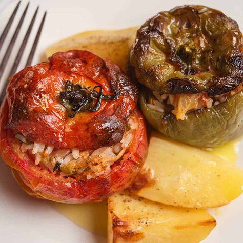 Gemista - Greek Stuffed Vegetables Yemista Recipe, Stuffed Peppers With Rice, Stuffed Vegetables, Tomato Rice, Vegetable Rice, Greek Dishes, Greek Food, Peeling Potatoes, Fresh Ingredients