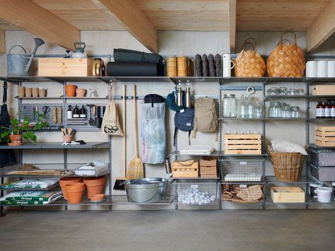 Built In Garage Storage, Elfa Garage, Garage Redesign, Shelving Garage, Industrial Garage, Garage Solutions, Garage Systems, Garage Storage Inspiration, Elfa Shelving