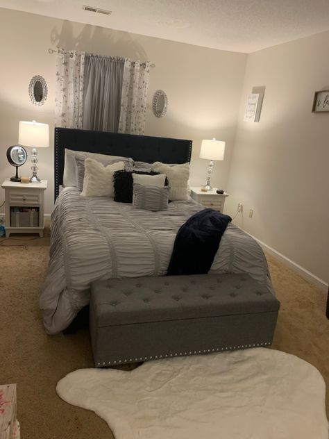 Blue Grey White Bedroom, Blue Gray And White Bedroom, Royal Blue And Grey Bedroom, Dark Blue And Grey Bedroom, Bedroom Paint Colors Blue, Bedding Ideas Blue, Blue Bedroom Curtains, Blue Bedroom Rugs, Gray And Blue Bedroom