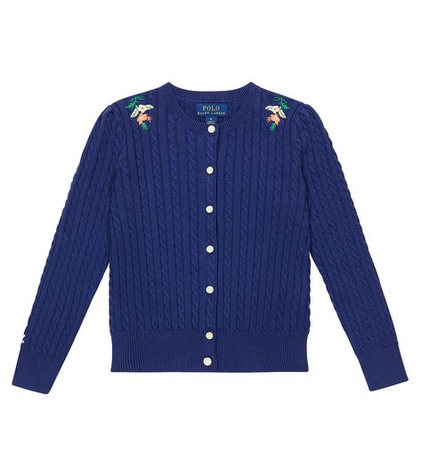 Embroidered cable-knit cardigan in blue - Polo Ralph Lauren Kids | Mytheresa Sophia Diana, Polo Ralph Lauren Kids, Girls Jumpers, Mary Frances, Curated Closet, Ralph Lauren Kids, Cable Knit Jumper, Cable Knit Cardigan, Cardigan Vest