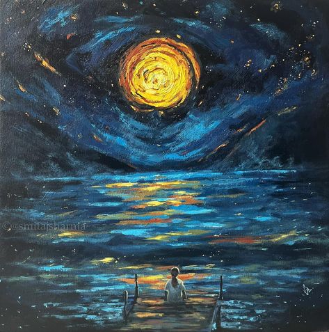 Work done recently , Starry night with a fiery full moon , It’s a small 40x40 cm painting 🌙 swipe left for close ups and some installed views 🤍 ✨ ✨ Coincidentally its a full moon day today 🌕🥲 ✨ #fullmoon #fullmoonart #starrysky #starrynights #spaceart #lookatthesky #skypaintings Full Moon Painting, Full Moon Day, View Painting, Moon Day, Moon Painting, Look At The Sky, Feminine Art, Night Painting, Drawing Practice