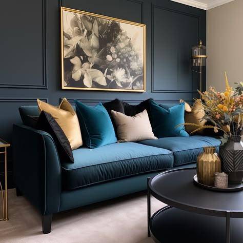 Teal Sofa Living Room Color Palettes, Royal Blue Sofa, Blue Velvet Sofa Living Room, Teal Sofa Living Room, Teal Velvet Sofa, Navy Blue Rooms, Dream Couch, Blue Velvet Couch, Blue Sofas Living Room