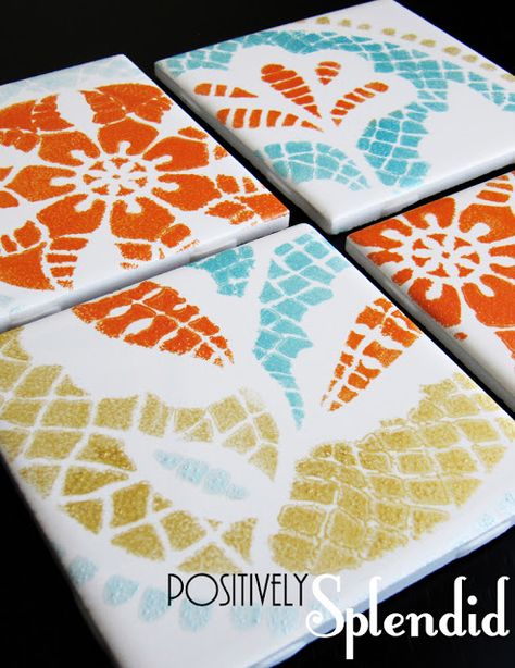 DIY Painted Ceramic Tile Tutorial | Positively Splendid {Crafts, Sewing, Recipes and Home Decor} How To Paint On Tiles, Painting Ceramic Tiles Crafts, Paint On Tiles Diy, Craft Coasters, Ceramic Tile Crafts, Martha Stewart Paint, Tile Painting, Accent Tiles, Sharpie Crafts