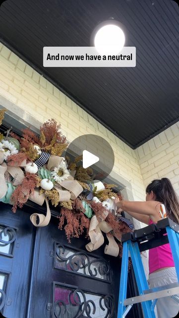 Emily Waldo on Instagram: "⬇️ SHARE this tutorial with someone who would LOVE to recreate this #fallgarland with you this season! 🍂 🤍 ⬇️

Today I am creating a double door garland to match the topiary we made last week! ALL metal pumpkins (both the giant cream ones and the mini green ones) are hand painted by @theroundtopcollection 🤍✨ you can use WALDO25 for 25 % off their entire site! 

Everything else (ribbons, sprays, twigs) can be found in a variety of places to include my own shop 

And to answer your questions: I just tied the Christmas garland branches to the iron detailing on my doors! 🚪 but you can also tie a Christmas garland to some hooks above a mantle for a similar look, or even a garland hangar (those kind of look like shower rods for above the door!)

#falldecor #falldec What To Use To Hang Garland Around Door, Fall Door Garland Diy, Fall Garland On Curtain Rod, How To Hang Garland Around Front Door, How To Hang Garland In Archway, Hanging Wreath Witb Garland, Shower Rod Christmas Garland, Shower Curtain Rod Fall Garland, Extra Long Wreath Hangers