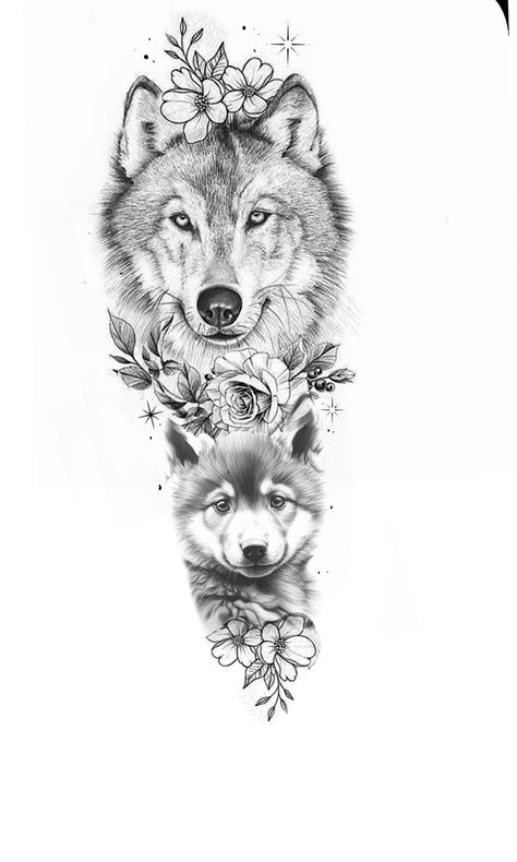 Women’s Wolf Tattoo, Wolf Pup Tattoo, Wolf Mom Tattoo, Wolf And Cub Tattoo Design, Tattoo Baby, Cubs Tattoo, Wolf Tattoo Sleeve, Wolf Pup, Women's Tattoo