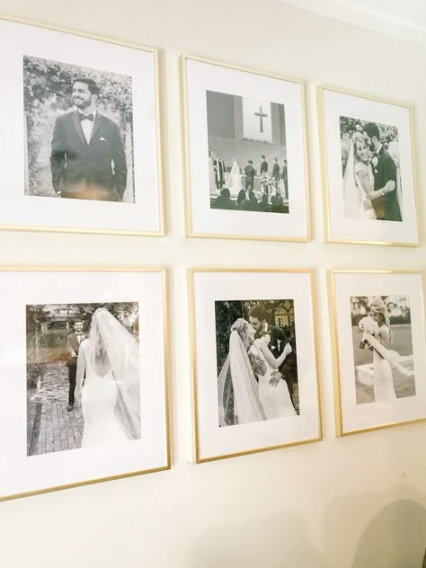 Wedding Pic Collage Wall, Engagement Picture Gallery Wall, Gallery Wall Ideas 6 Frames, Portrait Frames On Wall, Wedding Photo Hanging Ideas Home, Large Wedding Photos On Wall, 6 Photos On Wall, Wedding Gallery Wall Master Bedrooms, Framed Photos Above Bed