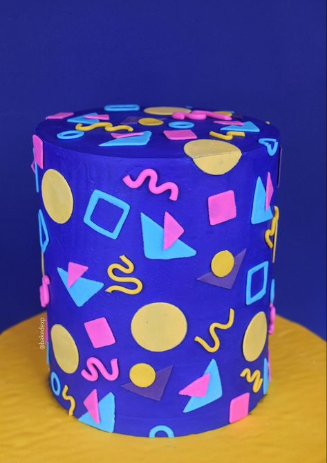 A violet colored cake with neon colored shapes. The shapes are squiggles, squares, circles, and triangles in neon pink, yellow, sky blue, and purple. 80s 90s Birthday Cake, 1980s Theme Cake, 90s Style Birthday Cake, 90s 30th Birthday Cake, 90s Cake Design, 90s Theme Birthday Cake For Women, 90s Sheet Cake, Saved By The Bell Party Decorations, 80’s Themed Cake