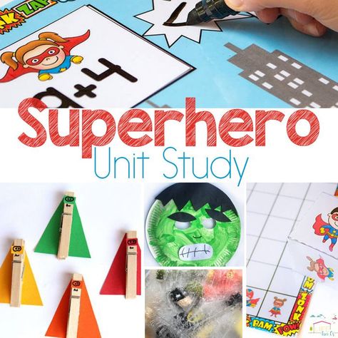 Create an amazing superhero unit study for your kids! Math, science, literacy, sensory activities for kids and more! Super Hero Activities Preschool, Superhero Preschool Activities, Superhero Themed Activities, Superhero Lesson Plans, Superhero Theme Preschool, Superhero Lessons, Superhero Preschool, Superhero Math, Superhero Camp