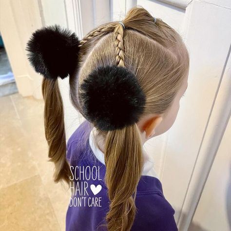 School Hair on Instagram: "📚 Back to school! 📚 We’re back and we’ve missed you! Actually forgot to post this yesterday (clearly still getting back into the swing of things 😅) Kicking off the new term with this cute pigtail style inspired by the lovely @loolooshair Super fluffy pom poms from @clairesstores (aka Santa! 🤫) #pigtails #plait #braidinghair #hairstyleoftheday #braids #braidstyles #schoolhair #hair #hairstyles #hairstylesforgirls #girlshairstyles #easyhairstyles #kidshair #hairforgi Bubble Hairstyle Pig Tails, Hair Pom Poms Hairstyle, Plaits Into Pigtails, Hair Bows Pigtails, Girls Bubble Braid Pigtails, Girl Hair Dos, Braid Inspiration, Quick Hairstyles, Toddler Hair