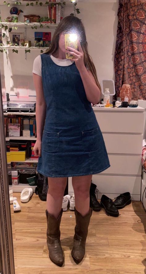 #denim #denimdress #denimminidress #90sdenim #90sdress #aesthetic #cowboyboots #vintagecowboyboots #vintageboots #style #fashion #irish 90s Denim Dress, Dress With Cowboy Boots, Denim Dress Outfit, Vintage Denim Dress, Dresses With Cowboy Boots, Vintage Cowboy Boots, 90s Denim, 90s Dress, Vintage Boots