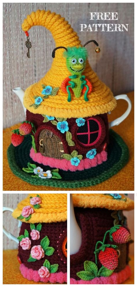 Crochet Fairy House, Tea Cosy Crochet Pattern, Tea Cozy Crochet Pattern, House Teapot, Tea Cosy Crochet, Tea Cozy Pattern, Crochet Tea Cozy, Teapot Cover, Teapot Cozy