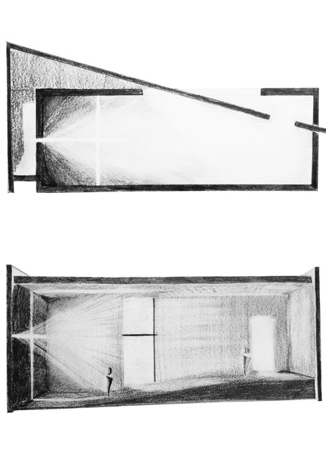 sketches representing the intensity and composition of Natural light - Church of Light - Tadao Ando Natural Lighting Architecture, Koshino House, Church Of Light, Shadow Architecture, Lighting Architecture, Architecture Art Nouveau, Tadao Ando, Architecture Concept Drawings, Architectural Section