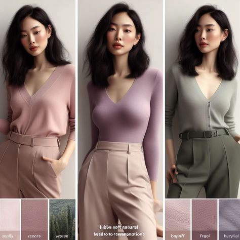 Muted Color Combos, Summer Tone Outfit, Muted Color Palette Outfits, Soft Summer Theatrical Romantic, Soft Summer Outfits For Fall, Mute Summer Outfit Ideas, Muted Colour Outfits, Soft Autumn Business Casual, Summer Mute Cool Tone Outfit