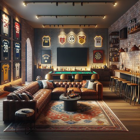 A man cave seamlessly blends modern and vintage elements. A large TV sits on a brick wall and a mini-bar invites relaxation. Neon signs mix with worn team jerseys on the walls. A pool table and a pinball machine add a dose of fun, while a worn-out oriental rug sits on a polished floor. The entire place is lit by spotlights creating a cozy ambiance. #ManCave #InteriorDesign #VintageDecor #ModernLuxury #HomeBar #GameRoom Home Lounge Room Bar, Modern Man Cave, Bar Nook, Whiskey Lounge, Garage Game Rooms, Male Aesthetic, Whiskey Room, Man Cave Design, Home Bar Rooms