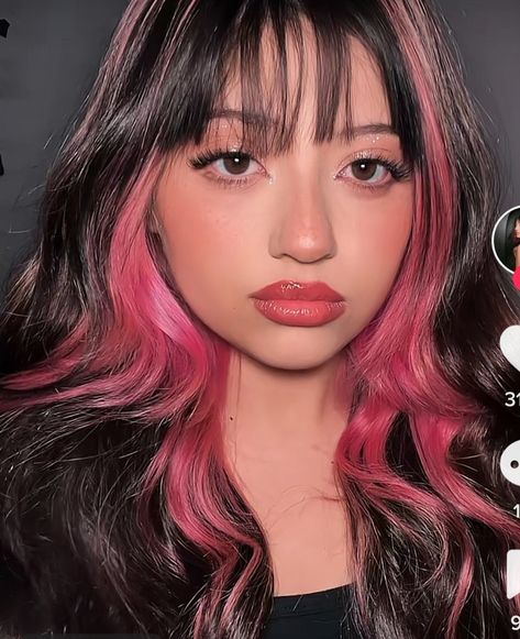 Dye Pink Hair, Pink Underdye Hair, Streaks Hair Color, Hair Dye Pink, Streaks Hair, Underdye Hair, Pink Hair Streaks, Miranda Rae, Black Hair Bangs