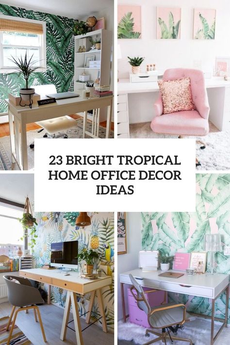 Office Spaces Home, Tropical Home Office, Modern Tropical Home, Pink Gold Office, Work Office Ideas, Home Office Decor Ideas, Tropical Elements, Wallpaper Office, Home Office/guest Room