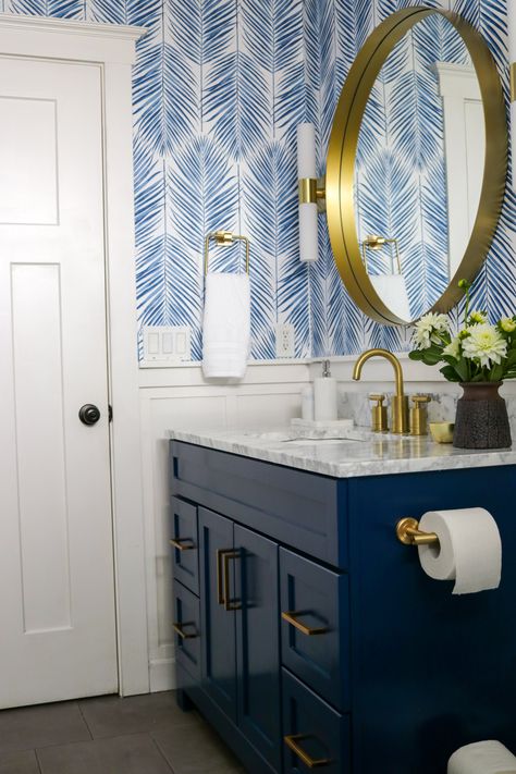 Small Guest Bathroom Refresh — Katrina Blair | Interior Design | Small Home Style | Modern LivingKatrina Blair Large Gold Mirror, Pool Bath, Palm Wallpaper, Design Boards, Half Bathroom, Blogger Design, Bathroom Reno, Bathroom Refresh, Girls Bathroom