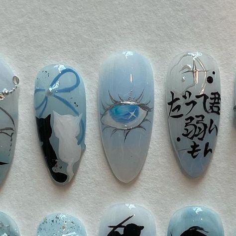 press on nails • nail design art on Instagram: "custom set ; gojo inspired" Gojo Themed Nails, Gojo Nail Art, Gojo Inspired Nails, Jjk Nails Gojo, Jjk Inspired Nails, Nanami Nails, Gojo Nails Inspired, Jjk Nails Designs, Overwatch Nails