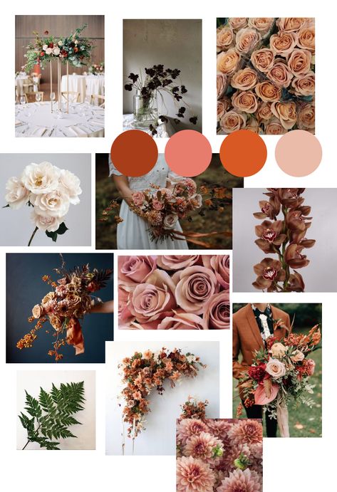 Autumn Wedding Flower mood board. Burnt oranges and pinks. Flower Mood Board Inspiration, Wedding Flower Mood Board, Burnt Orange And Pink Wedding, Wedding Mood Board Color Palettes, Flower Mood Board, Floral Mood Board, Colour Bouquet, Wedding Flowers Orange, Red Rock Wedding